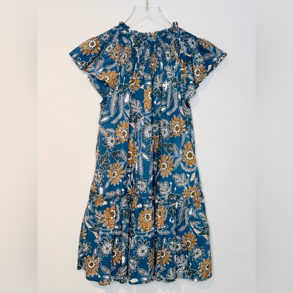 Cleobella Lydia Blue Gold Organic Cotton Flutter Sleeve Mini Babydoll Dress - Picture 5 of 16